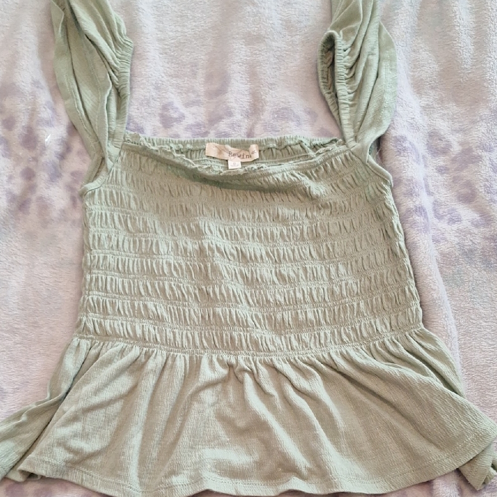 Rewind Light Green Smocked Ruffle Blouse